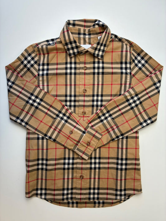 Burberry Shirt - Brown 100% Cotton Plaid Button Up | size 8