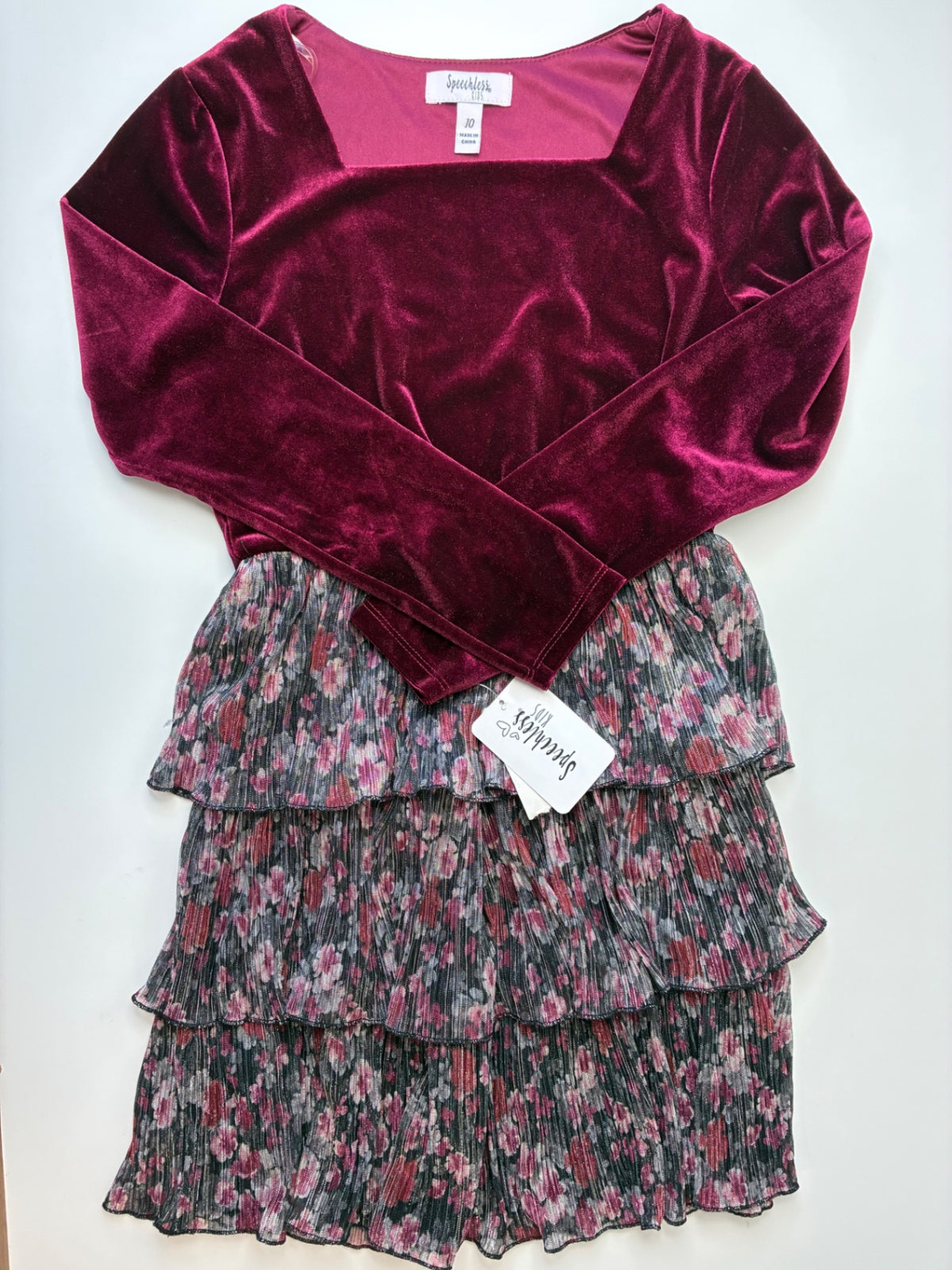 Speechless Kids Dress - Red Velour + Tiered Floral | size 10