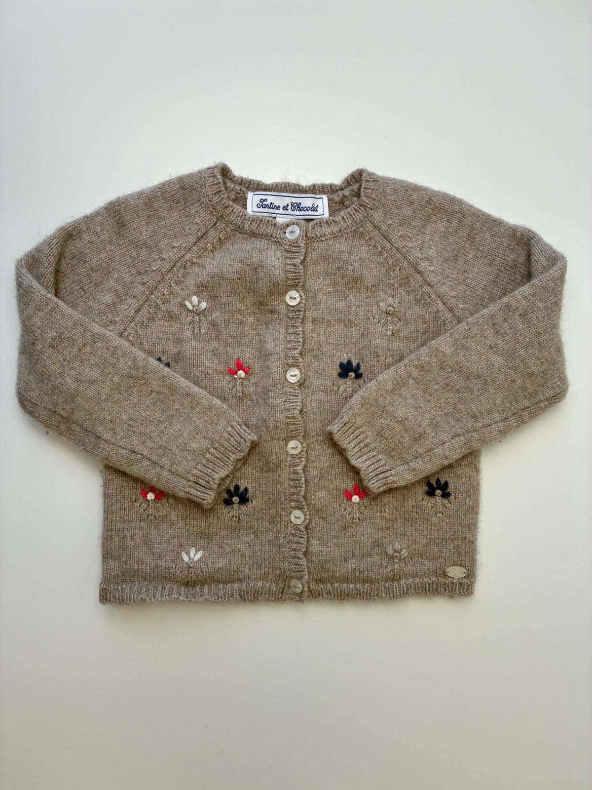 Tartine et Chocolat Sweater - Brown Wool Blend Embroidered Cardigan | size 2T