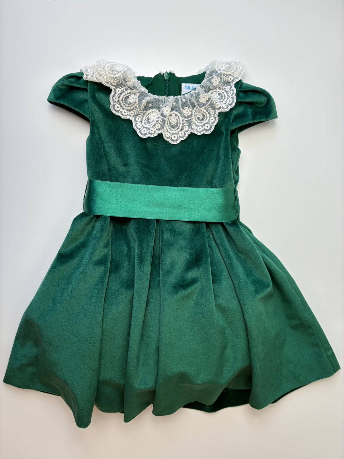 Luli & Me Dress - Green Velvet w/ Lace Collar | size 3T
