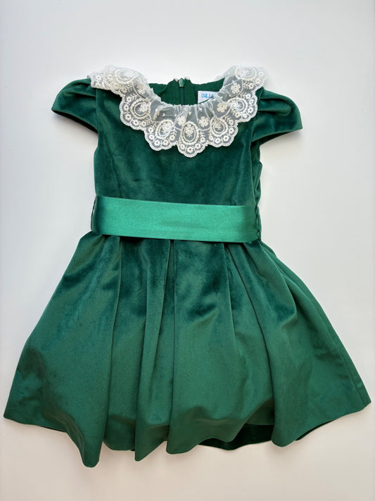 Luli & Me Dress - Green Velvet w/ Lace Collar | size 3T