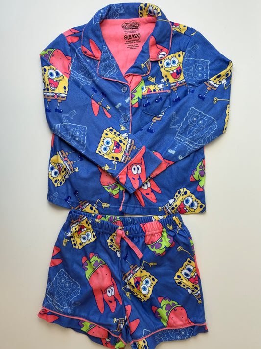 Spongebob Squarepants 2 Piece Ensemble - Blue Flannel Pajama Top w/ Shorts | size 6